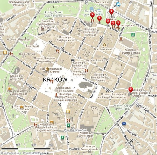 Mapa Krakova - městské hradby, brány a bašty