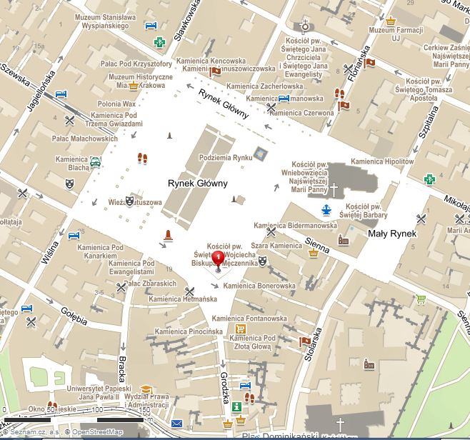 Mapa Krakovského rynku a kostela sv. Vojtěcha
